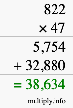 How to calculate 822 times 47 using long multiplication