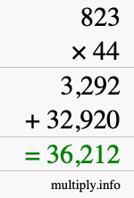 How to calculate 823 times 44 using long multiplication