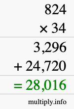 How to calculate 824 times 34 using long multiplication