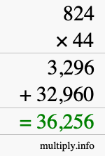 How to calculate 824 times 44 using long multiplication