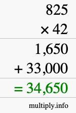 How to calculate 825 times 42 using long multiplication