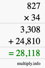 How to calculate 827 times 34 using long multiplication