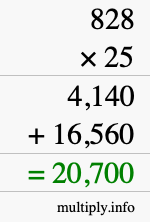 How to calculate 828 times 25 using long multiplication