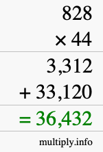 How to calculate 828 times 44 using long multiplication
