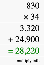 How to calculate 830 times 34 using long multiplication