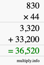 How to calculate 830 times 44 using long multiplication