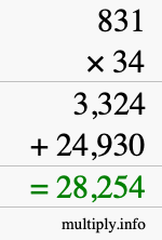 How to calculate 831 times 34 using long multiplication