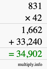 How to calculate 831 times 42 using long multiplication