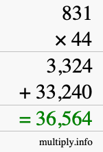 How to calculate 831 times 44 using long multiplication