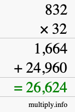 How to calculate 832 times 32 using long multiplication