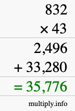 How to calculate 832 times 43 using long multiplication