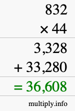 How to calculate 832 times 44 using long multiplication