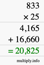 How to calculate 833 times 25 using long multiplication