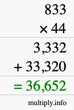 How to calculate 833 times 44 using long multiplication
