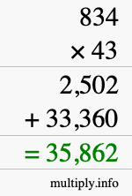 How to calculate 834 times 43 using long multiplication