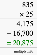 How to calculate 835 times 25 using long multiplication