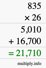 How to calculate 835 times 26 using long multiplication