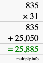 How to calculate 835 times 31 using long multiplication