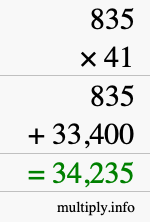How to calculate 835 times 41 using long multiplication