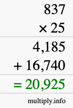 How to calculate 837 times 25 using long multiplication