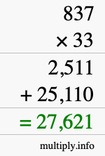 How to calculate 837 times 33 using long multiplication