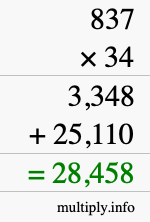 How to calculate 837 times 34 using long multiplication