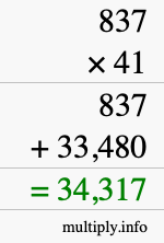 How to calculate 837 times 41 using long multiplication