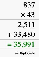 How to calculate 837 times 43 using long multiplication