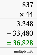 How to calculate 837 times 44 using long multiplication
