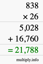 How to calculate 838 times 26 using long multiplication