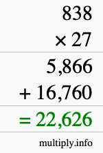 How to calculate 838 times 27 using long multiplication