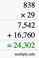 How to calculate 838 times 29 using long multiplication