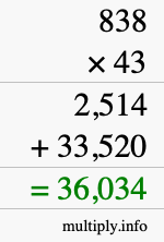 How to calculate 838 times 43 using long multiplication