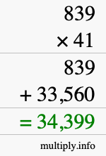 How to calculate 839 times 41 using long multiplication