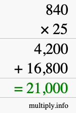 How to calculate 840 times 25 using long multiplication How to calculate 840 times 25 using long multiplication