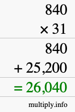How to calculate 840 times 31 using long multiplication How to calculate 840 times 31 using long multiplication