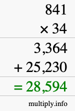 How to calculate 841 times 34 using long multiplication