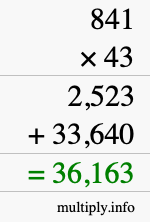 How to calculate 841 times 43 using long multiplication
