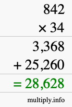 How to calculate 842 times 34 using long multiplication