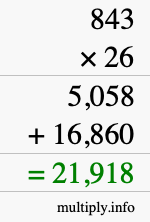 How to calculate 843 times 26 using long multiplication