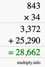 How to calculate 843 times 34 using long multiplication