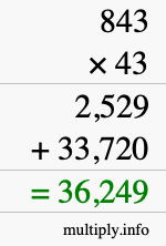 How to calculate 843 times 43 using long multiplication