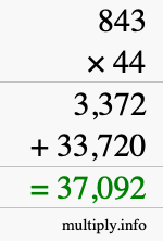 How to calculate 843 times 44 using long multiplication