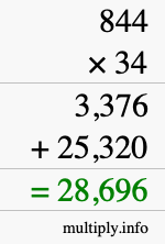 How to calculate 844 times 34 using long multiplication