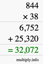 How to calculate 844 times 38 using long multiplication