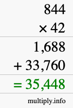How to calculate 844 times 42 using long multiplication