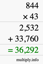 How to calculate 844 times 43 using long multiplication