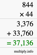 How to calculate 844 times 44 using long multiplication