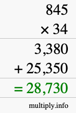 How to calculate 845 times 34 using long multiplication