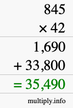 How to calculate 845 times 42 using long multiplication